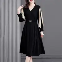 Office Lady Solid Color Patchwork Midi Dress Elegant V-Neck All-match Spring Autumn Sashes A-Line Waist Women's Pleated Dresses 1