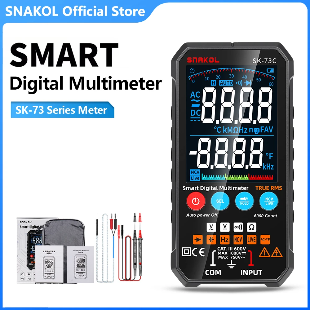 SNAKOL Mini Digital Multimeter 73C, smart electrician tester DC AC voltage capacitance ohm diode NCV professional multitester