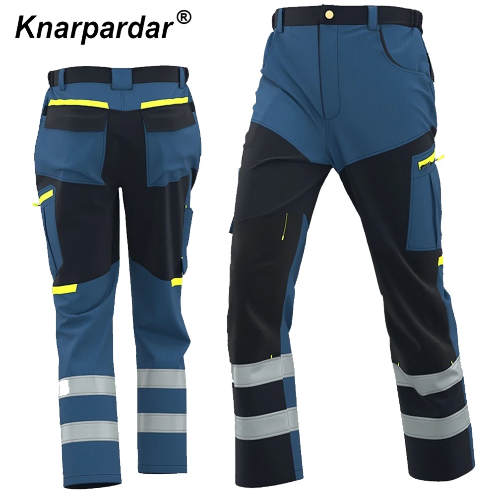 남성용 투톤 블루 블랙 카고 팬츠, 다용도 포켓과 고시인성 테이프가 있는 내구성 작업복 바지