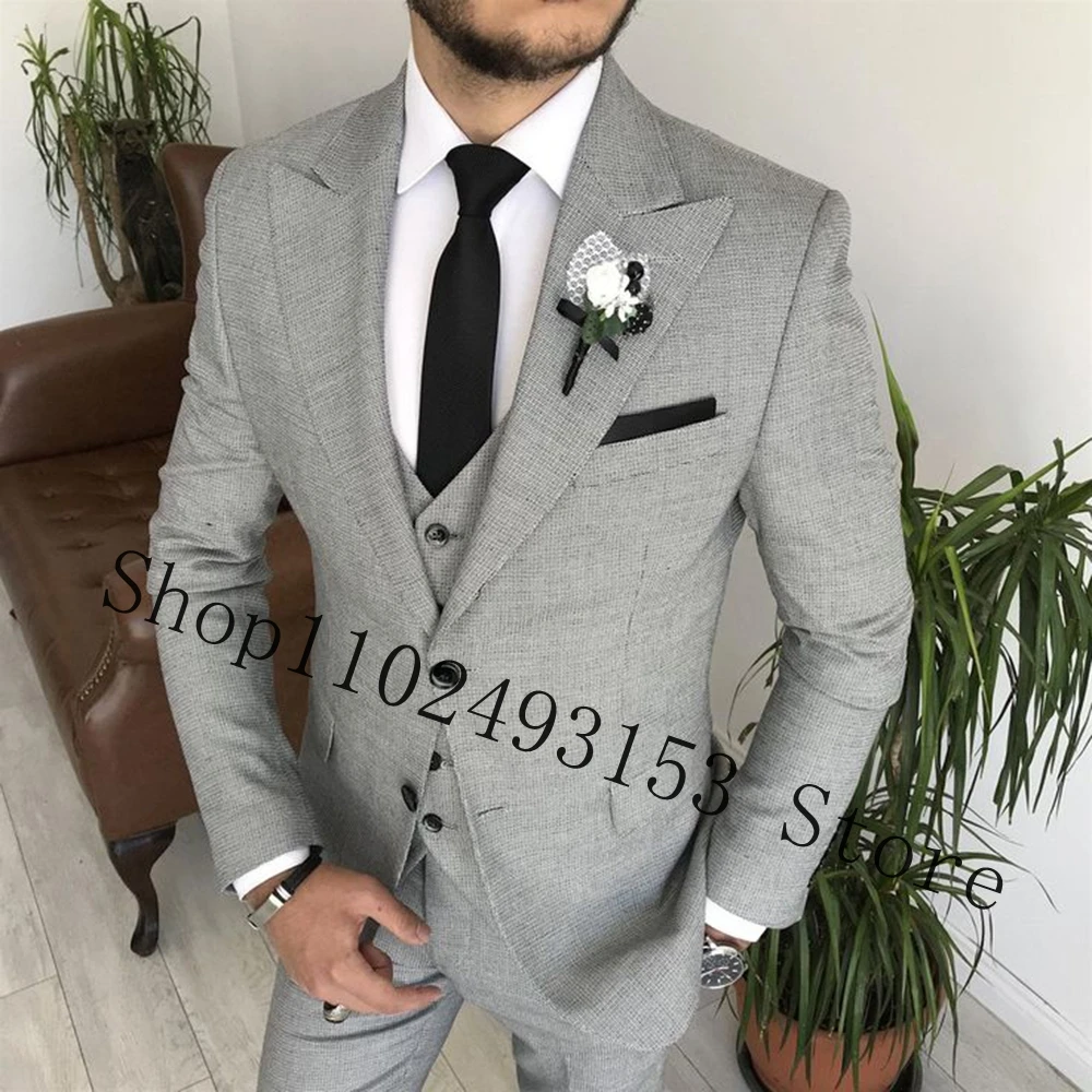 Gray Linen Men Suits Slim Fit 3 Pieces Suit Formal Male Suit Groomsmen Bridegroom Wedding Tuxedo Blazer+Vest+Pants Costume Homme