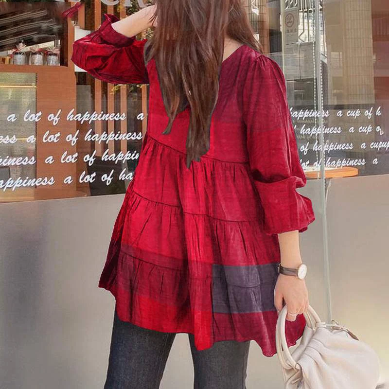 

Retro Shirt Blouse Women Spring Patchwork Casual Puff Sleeve Pullover Lady Vintage Cotton Loose Tunic Long Sleeve Tops 2022