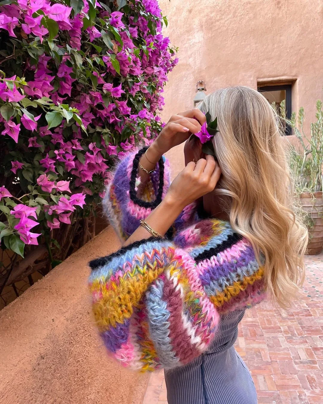 

Rainbow Short Crop Top Sweater Women Crochet Knit Stripped Cover Up Pullover Lantern Sleeve O-neck Knitwear Loose Coat 2023