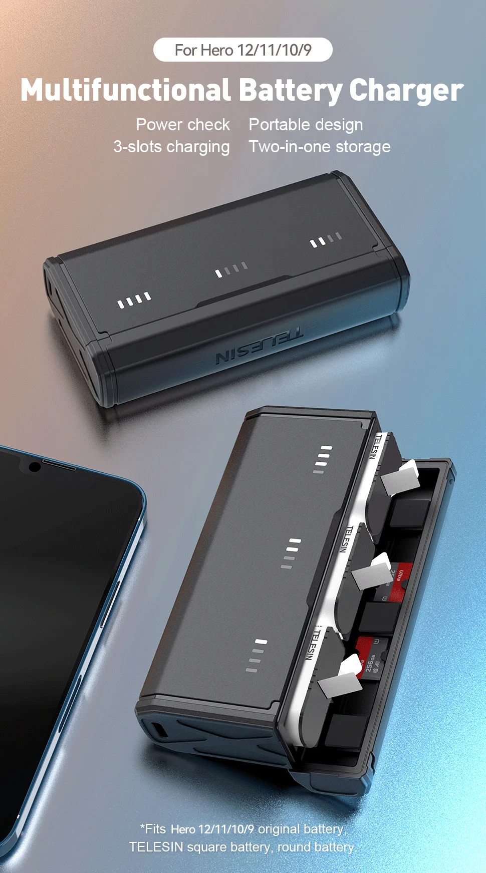 TELESIN Portable Battery Charger Fast Charging for Hero12 Battery Hero 12 11 1