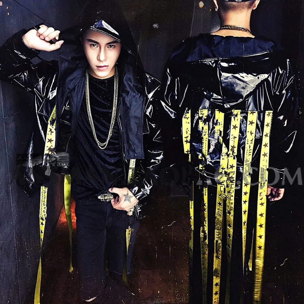 

New Nightclub Bar DJ Singer Gold Long Hip-Hop Cape Fashion Leather Jacket Men's Summer Casual Performance Wear YJ091
