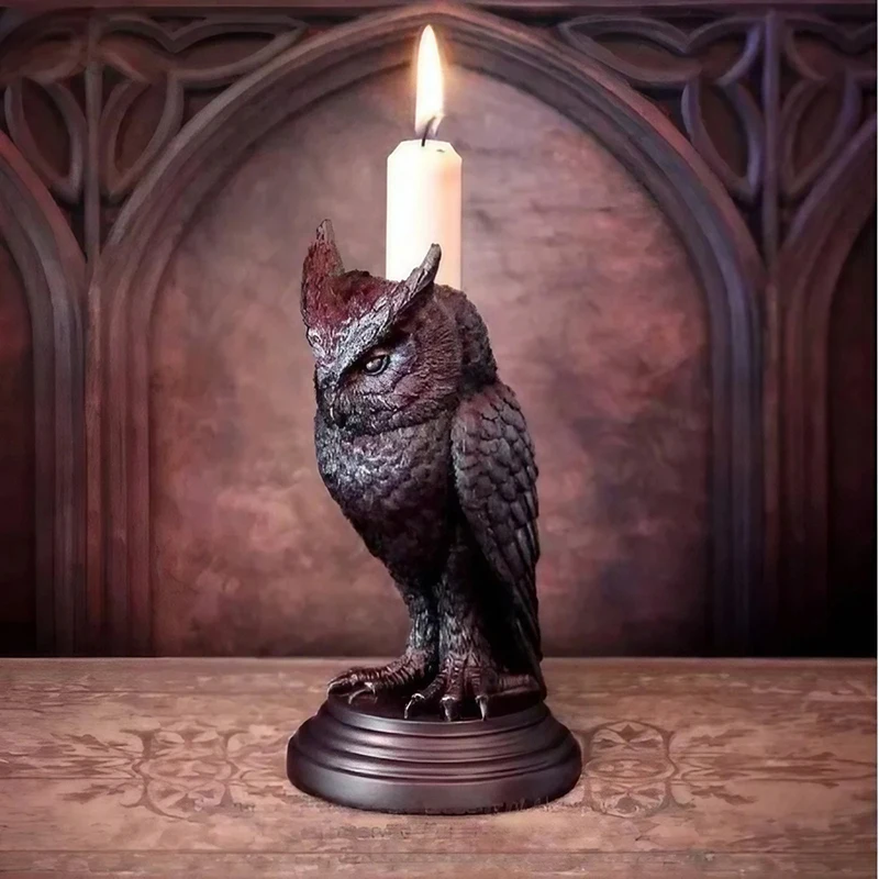 

Halloween Candle Holder Resin Gothic Synthetic Candlestick Black Antique Owl and Crow Figurines Decoration Accessories