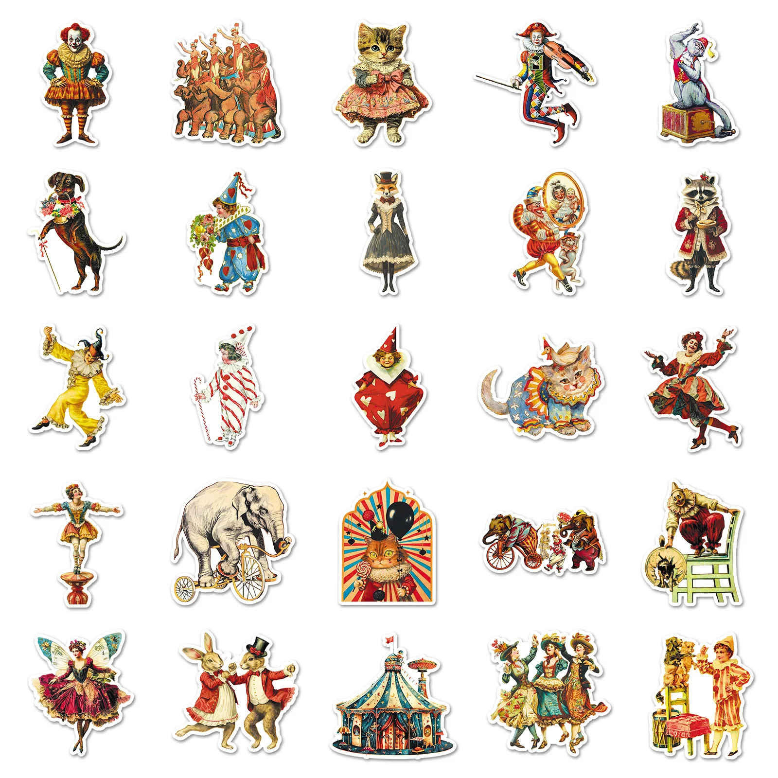 50Pcs 귀여운 서커스 시리즈 스티커 코끼리 광대 데칼 노트북 스크랩북 수하물 기타 헬멧 DIY 낙서 미적 스티커