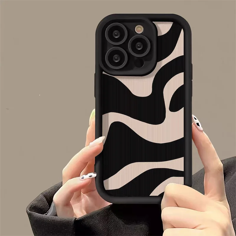 Fashion Zebra Stripes Lattice Pattern Case For iPhone 11 12 13 14 15 Pro Max X XR XS Max 7 8 Plus Camera Protection Soft Cover