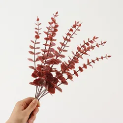 Set of 5 Artificial Gold Eucalyptus Stems for Wedding and Home Decor (Wine Red)