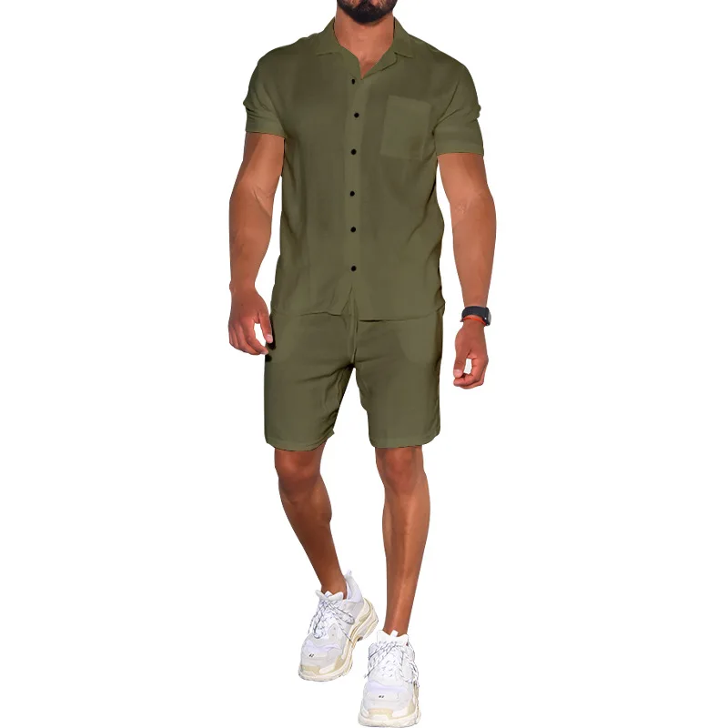 Summer Men's Lapel Solid Color Short-sleeved Shorts Suit