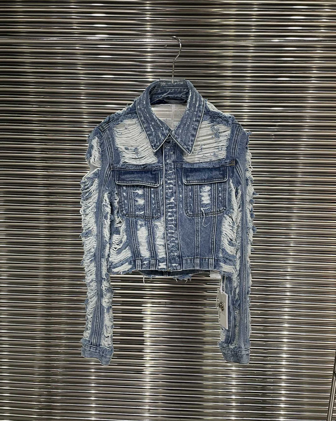 

Fashion Vintage Distressed Frayed Hole Frayed Spliced Sheer Mesh Denim Short Jacket Women