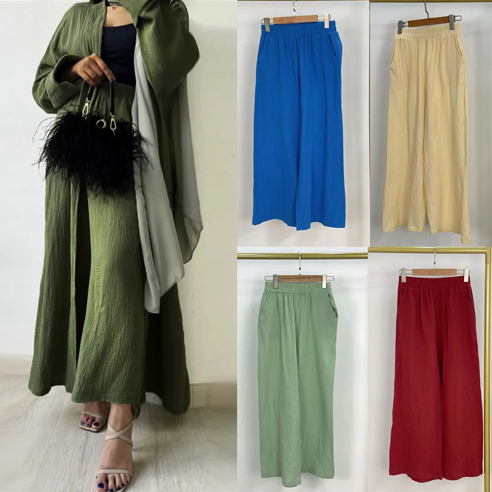 

Women Clothing Muslim Fashion Bottoms Wide Leg Pants Islam Dubai Turkey Casual Cotton Trousers Crinkle Pants Elastic Waist Pants
