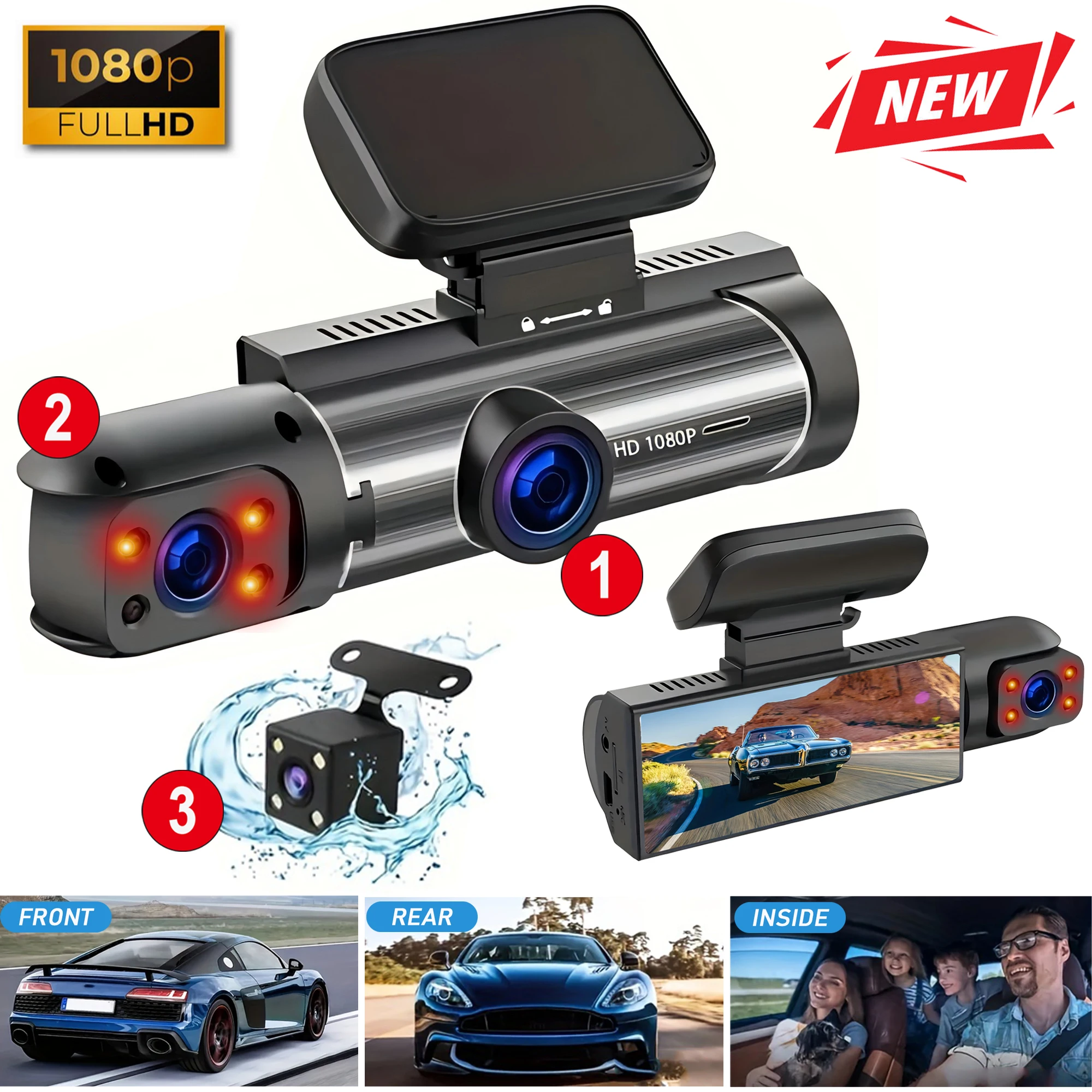 1080P Car DVR Dash Cam for Cars 3lens camera for Vehicle Recorder Video ...
