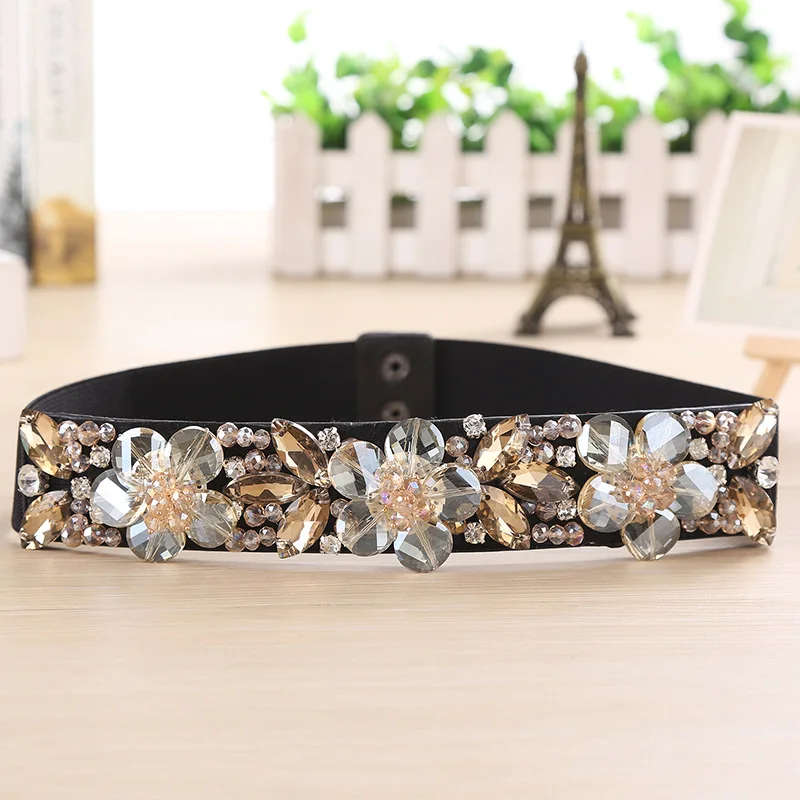 New Rhinestone Elastic Belt for Women Dresses Full Crystal Gem Black Female Waist Belt for Coats Down Fashion Luxury Ladies Belt