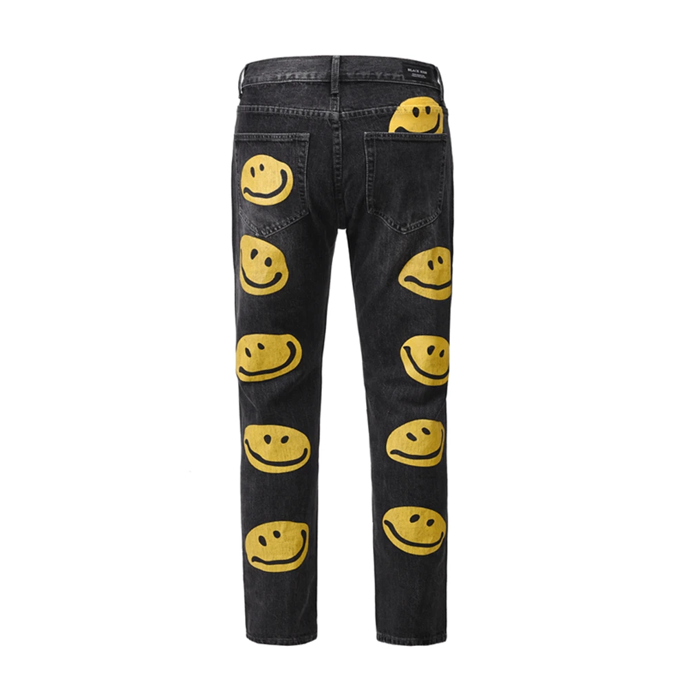 Harajuku Front Knee Hole Back Full Smiley Print Black and Blue Jeans