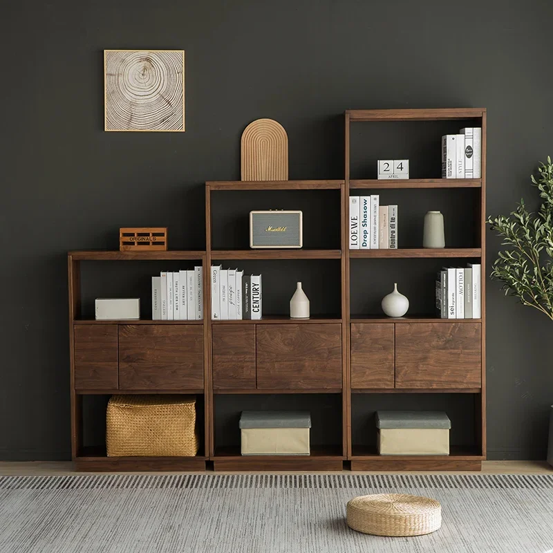 

Black Walnut Solid Wood Bookcase Nordic Floor Bookshelf with Door Combination Storage Cabinet