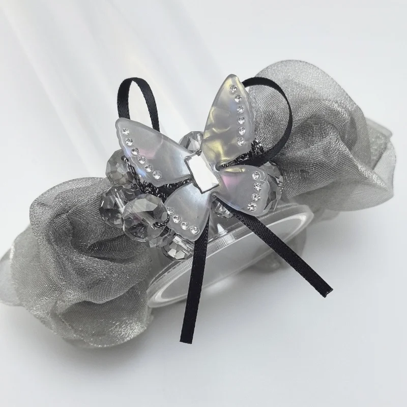Schicke Organza Haarschmuck zarte Schmetterling Kristall Haar gummi glänzende Strass steine modische Scrunchie Strass Chiffon – Detail 18