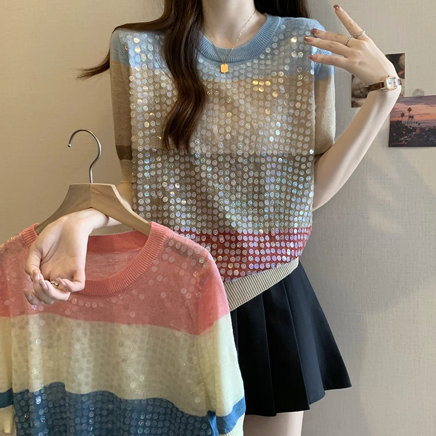 

Women's Sequin Round Neck Colorful Stripe Block Color Knitwear, Large Loose Thin Top, Versatile Fashion, Summer, New, 2024