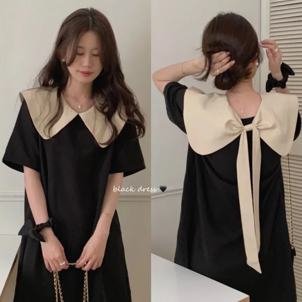 

Anbenser Summer New Korean Version Design Front and Back Double Wear Large Bow Contrast Color Doll Neck Slim Black Dress Women