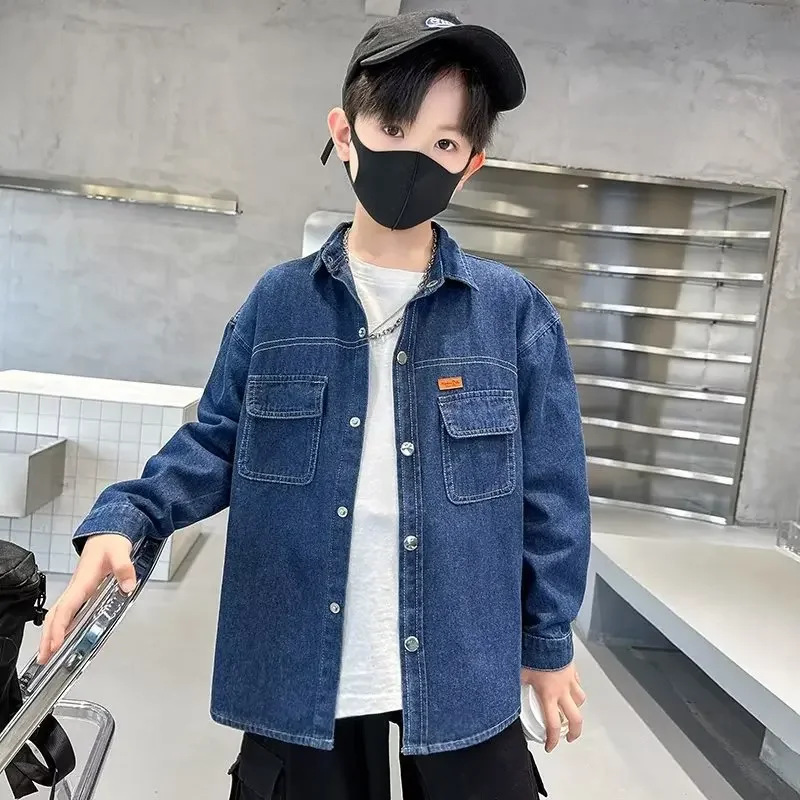 남성용 긴팔 데님 셔츠, 용수철 어린이 세탁, 오리지널 컬러 셔츠, 한국 스타일..