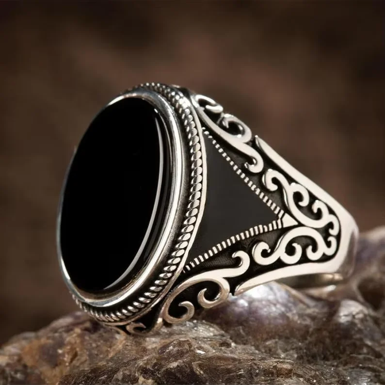Gemstone Inlaid Men's Ring T&uuml;rkiye Retro Jewelry