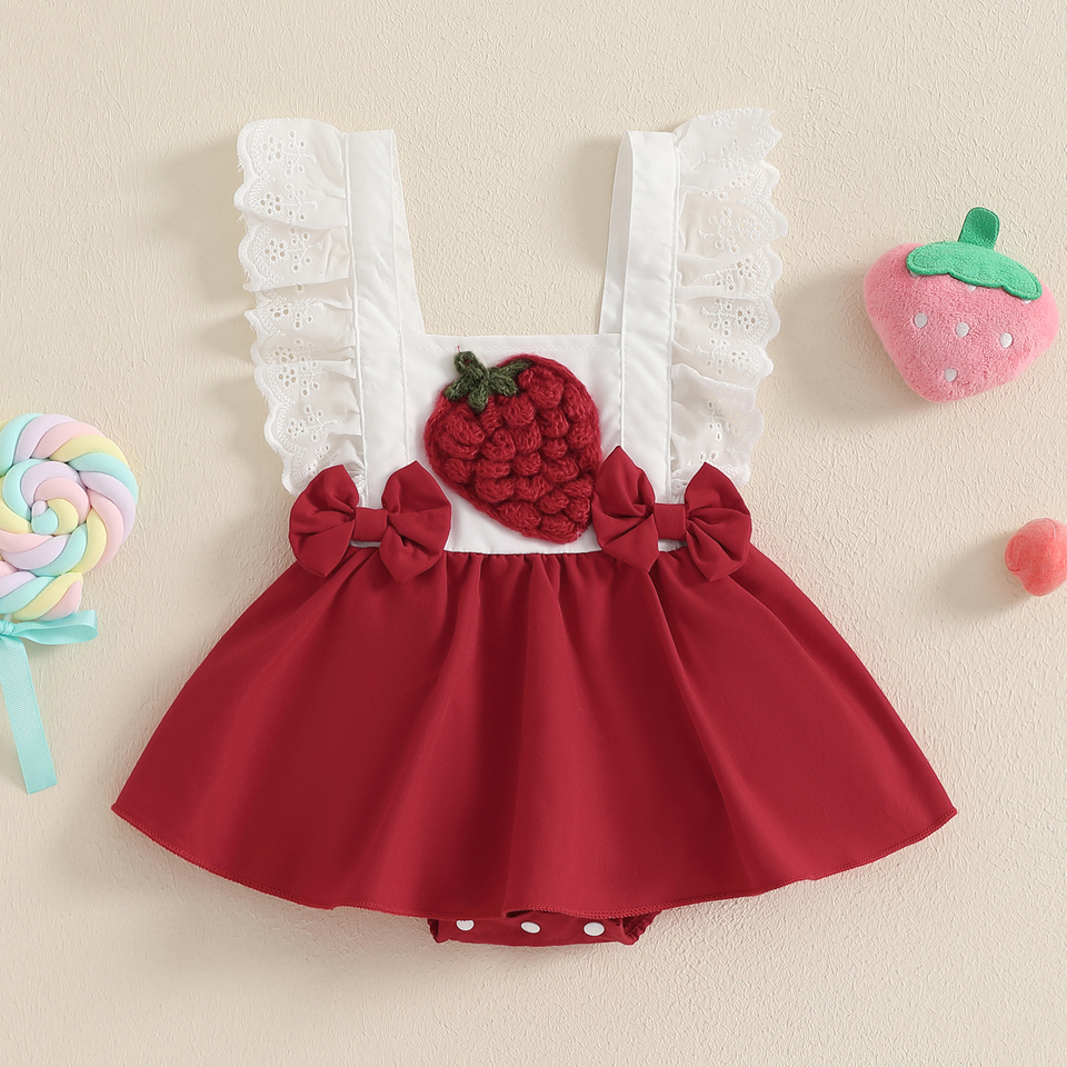 BeQeuewll Sweet Baby Girls Rompers Dress Summer Backless Clothes Strawberry Embroidery Bow Lace Fly Sleeve Newborn Jumpsuits