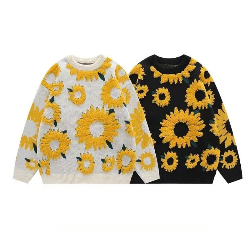 

Autumn Winter Japanese Retro Sunflower Flocking Lazy Knitwears Sweater for Men and Women Couple Long Sleeve Knitted Pullovers