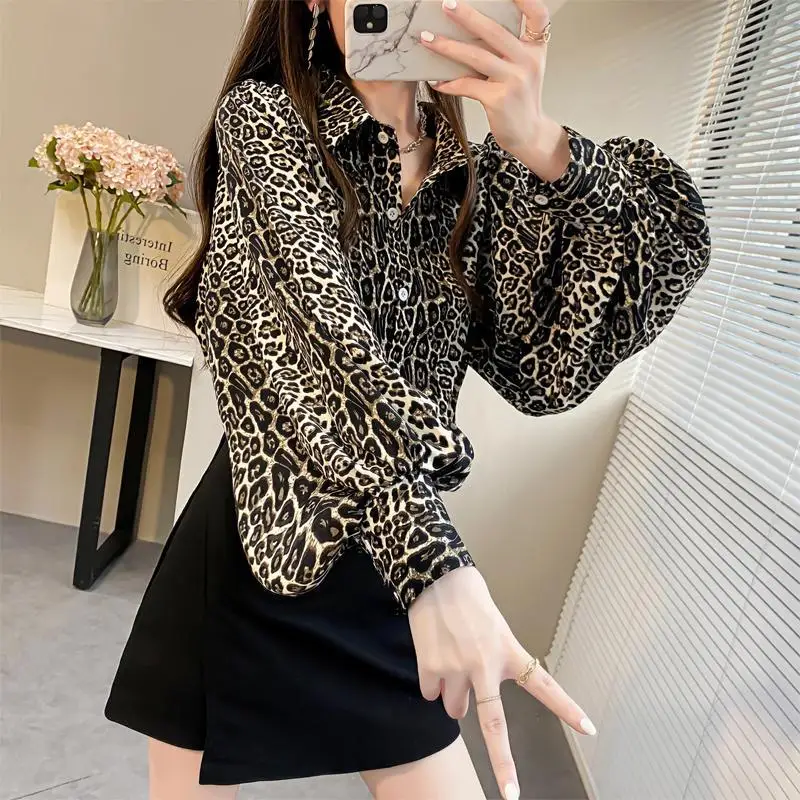 Vintage Printed Button Leopard Lantern Sleeve Shirt Women