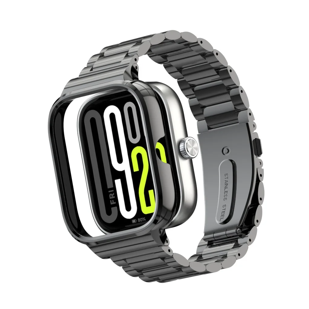 Enhanced Metal Watch Strap and Protective Case Set - Three-Bead Stainless Steel Design