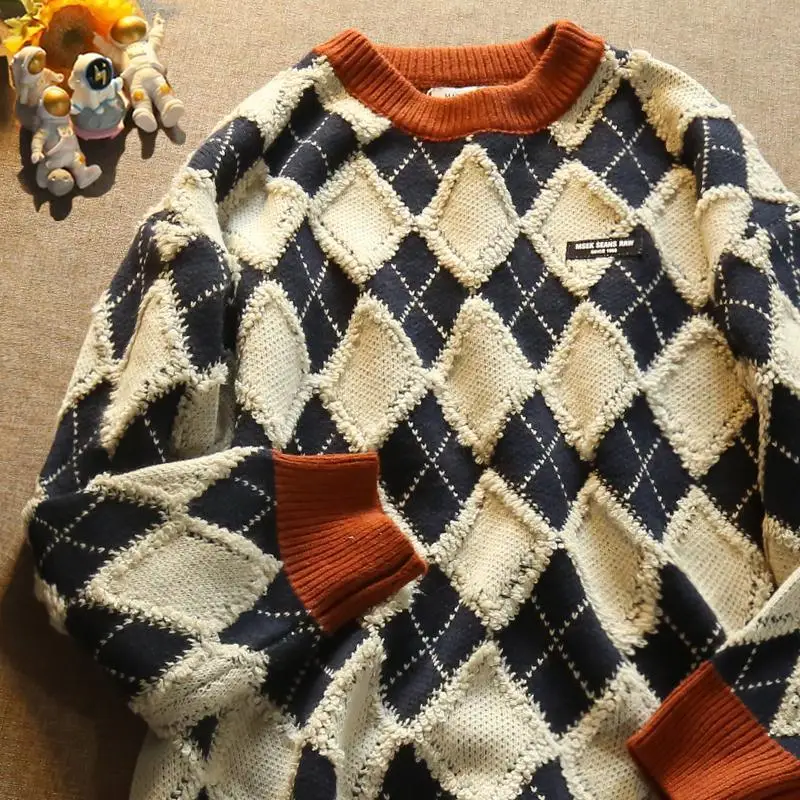 2023 Autumn Winter New Plaid Sweater Men Women Retro Couple Sweatshirts Long Sleeve Blouse Tops Pullovers Knit harajuku