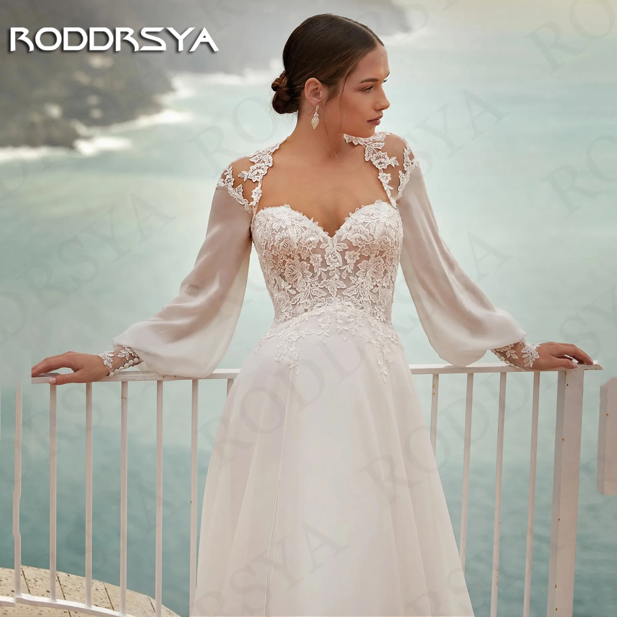 RODDRSYA Long Sleeve Beach Wedding Dresses For Bride Lace Appliques Illusion Back A Line Bridal Dress hochzeitskleid Chiffon 3