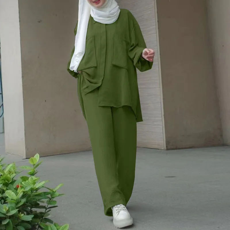 Middle Eastern Muslim Long-sleeved Patch Pocket Trapdoor Dyed Button Elastic Waist Trousers Shirt Suit