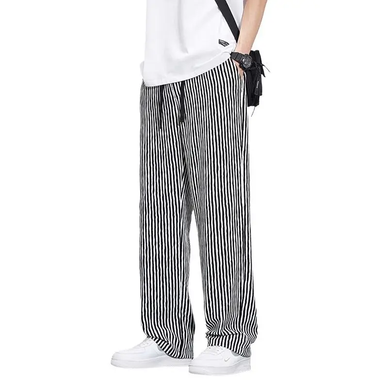 Korean Version Streetwear Fashion Men Stripe Wide Leg Pants Summer Male Harajuku Loose Casual Elastic Waist Straight Trousers
