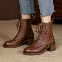 2025 Winter Genuine Leather Women Boots Round Toe Thick Heel Lace Up Fashion Ankle Boots Retro Boots  Platform Shoes Heels Grown - Image 4