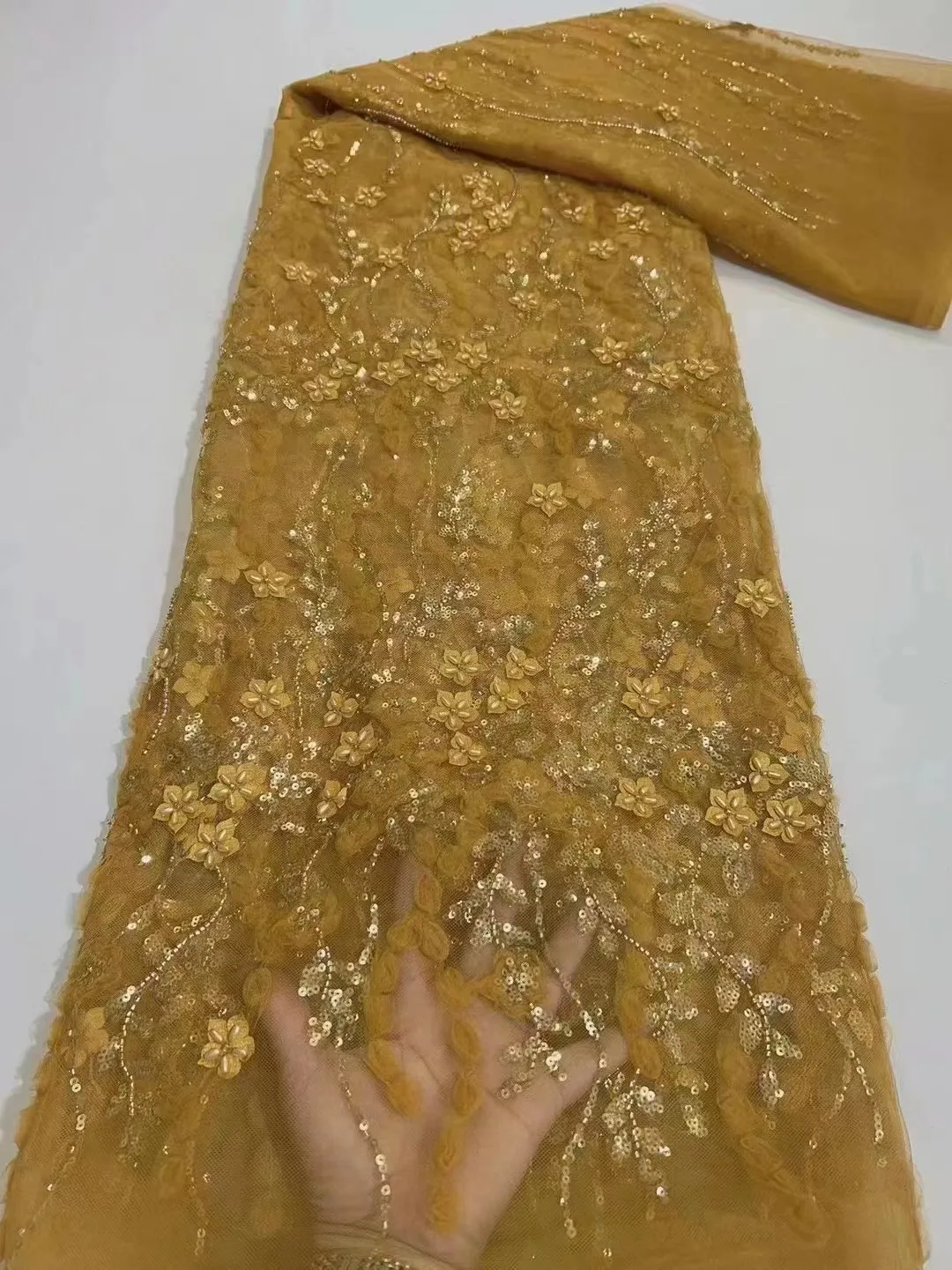 

2024 New African Hand Beads Lace High Quality Nigerian French Tulle Sequins Lace Embroidery Mesh Fabric For Wedding Dress Sewing