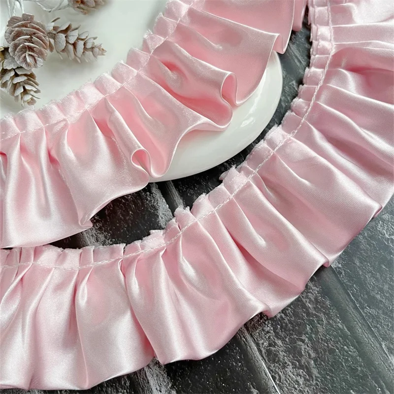 5CM Wide Double Layers Glitter Satin Pleated Lace Fabirc Frilled Embroidered Ribbon Ruffle Trim Dolls Collar DIY Sewing Decor