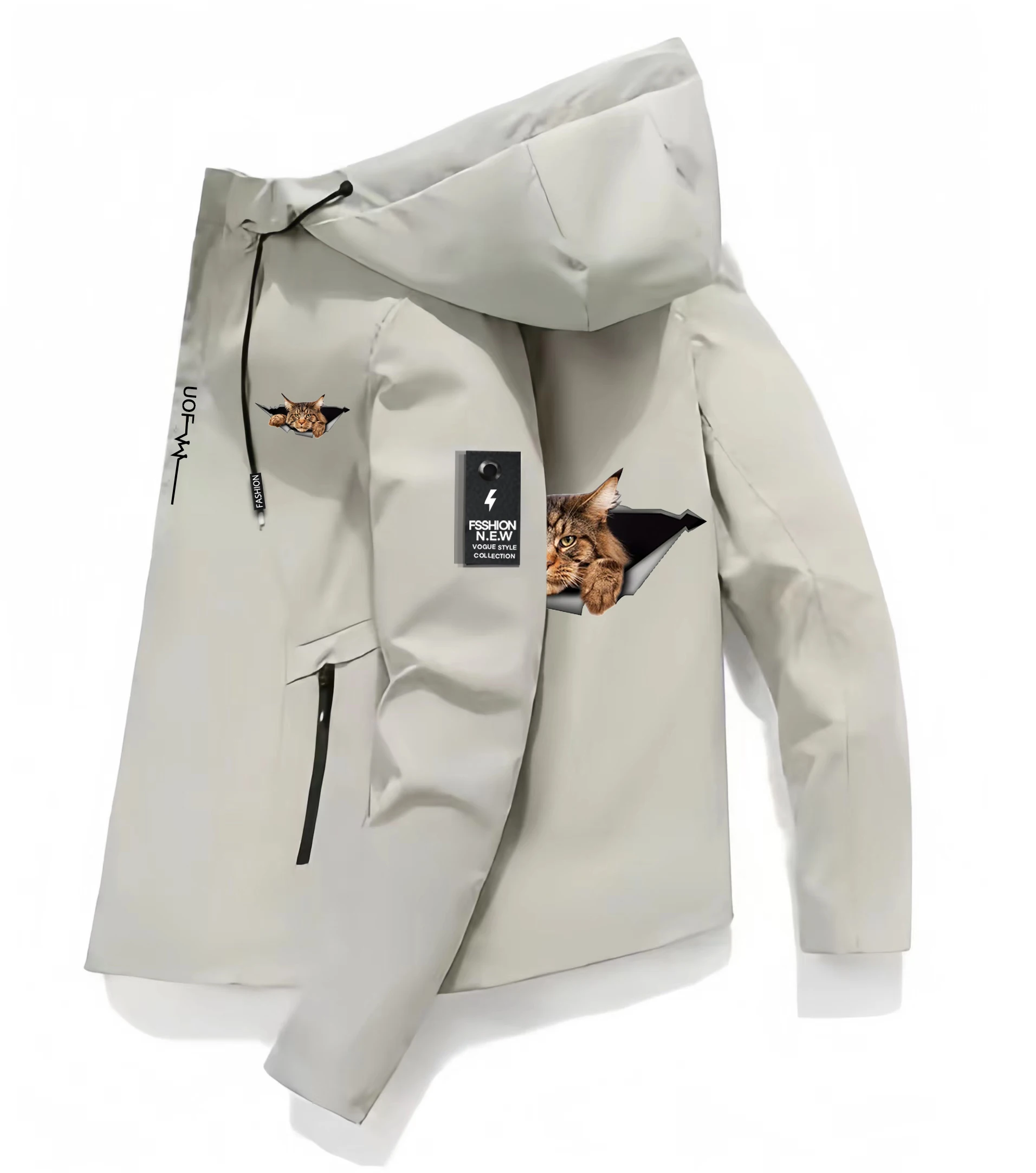 

Creative Paper Wall Cute Cat printing Jacket cartoon Long Sleeve Solid Casual Windbreaker Male Work Wear Clothes