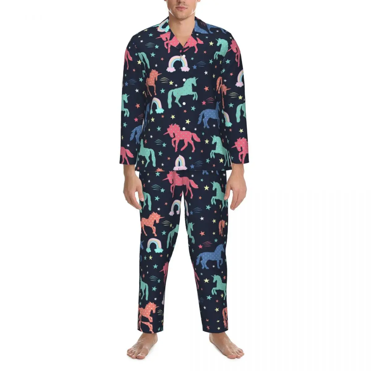

Pajamas Men Cute Unicorn Leisure Sleepwear Rainbows Stars Print 2 Pieces Casual Loose Pajama Sets Long-Sleeve Oversize Home Suit