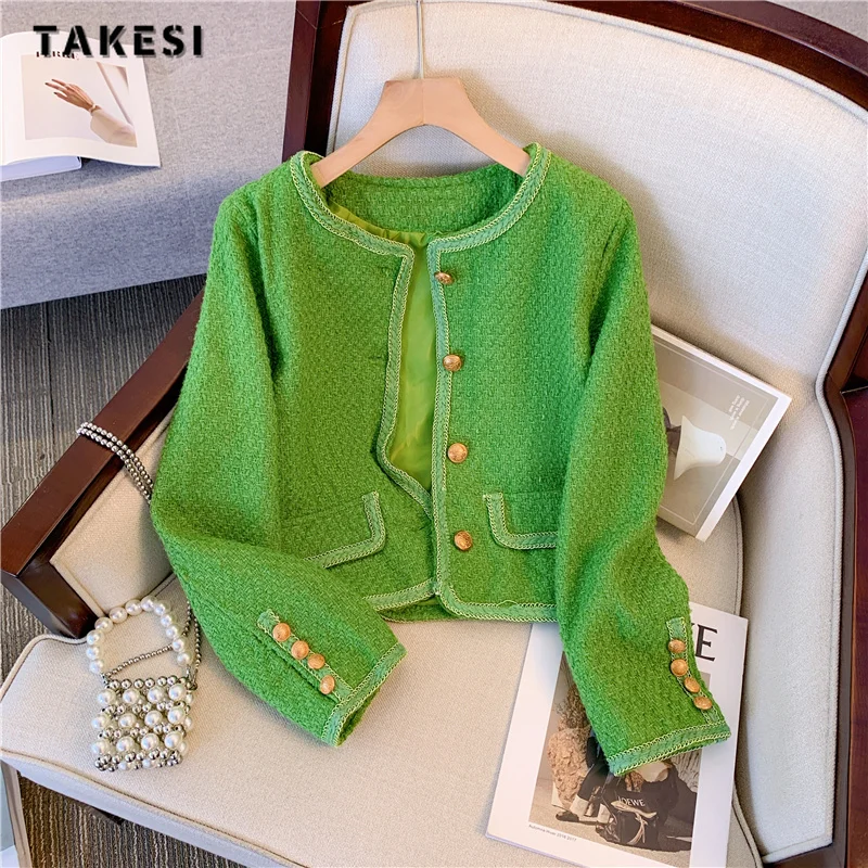 

Женская однобортная короткая куртка, зеленая однотонная куртка с круглым вырезом в Корейском стиле, верхняя одежда, осень-зима 2023