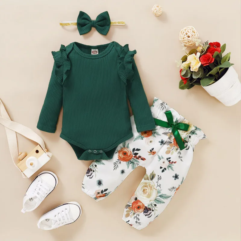 

Spring Autumn Long Sleeve Kids Newborn Girl Romper Bodysuits + Flower Pants + Headbands 3 Pieces Suit Infant Baby Clothes