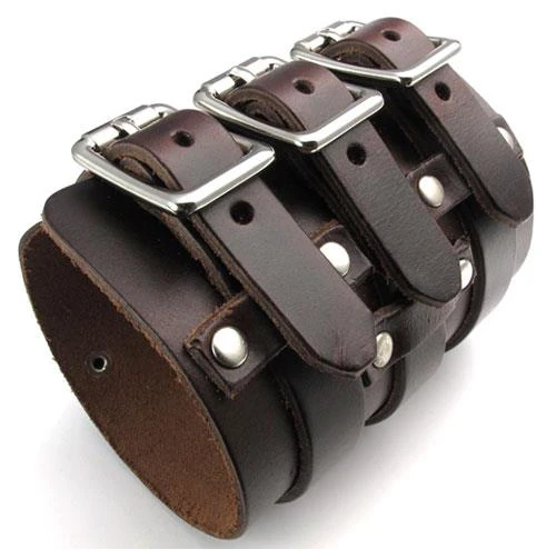 Jonline24h Men's Wide Leather Bangle Cuff Bracelet – Punk Rock Style, Brown, Fits Wrist Size 7.5 To 9 Inches - View #9