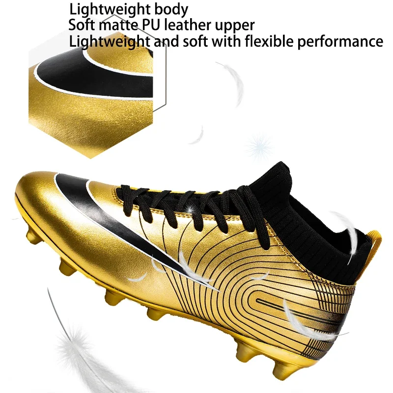 Soccer Shoes for Men Gold Light High Ankle Lawn Football Boots Kids Boys Original Anti-Slip Indoor Training Football Sneakers 2