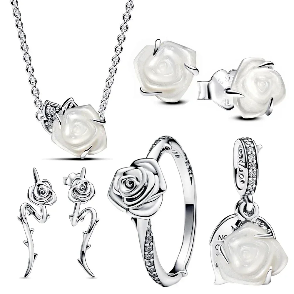 

925 Sterling Silver White Rose in Bloom Collection Fit Original design Charm Necklace Ring Stud Earrings For Women Jewelry Gift