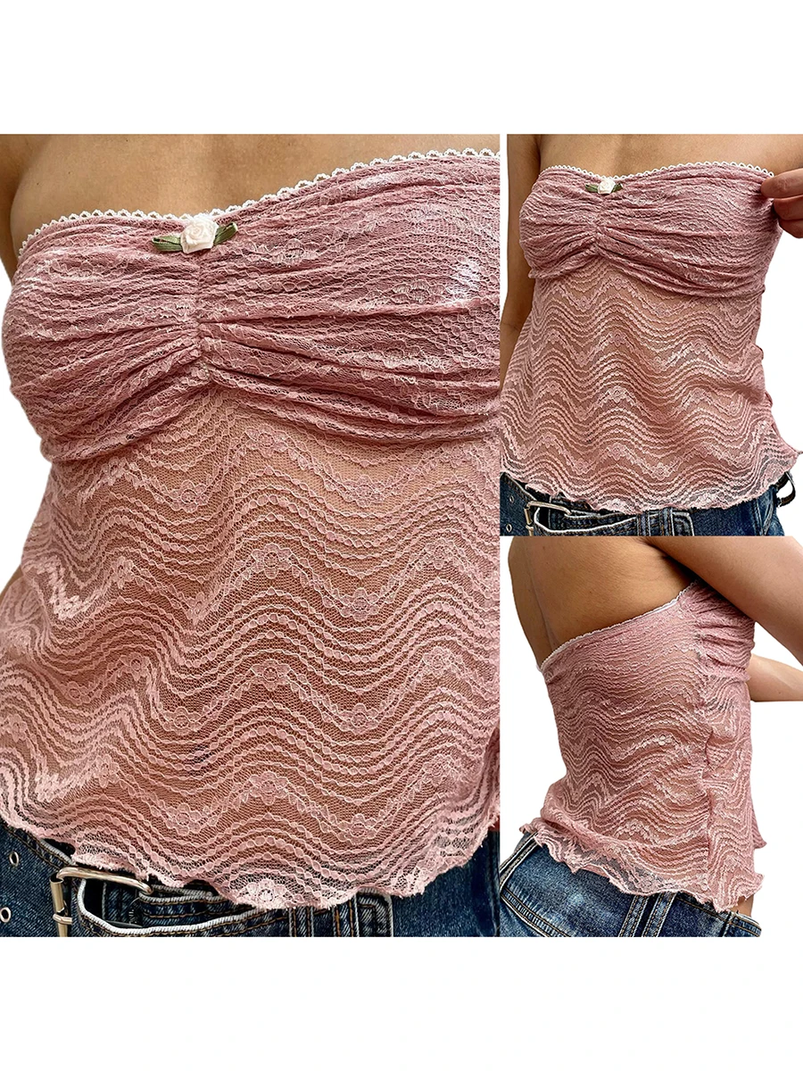 

Y2K Vintage Lace Trim Off Shoulder Crop Tops Women s Sleeveless Bandeau Fairy Grunge Clubwear Tube Tops