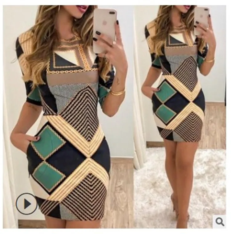 

Casual Dresses for Women 2024 Summer Hip Wrap Fashion Geometry Printed Short Sleeve Round Neck Dress Elegant Pocket Casual Dress