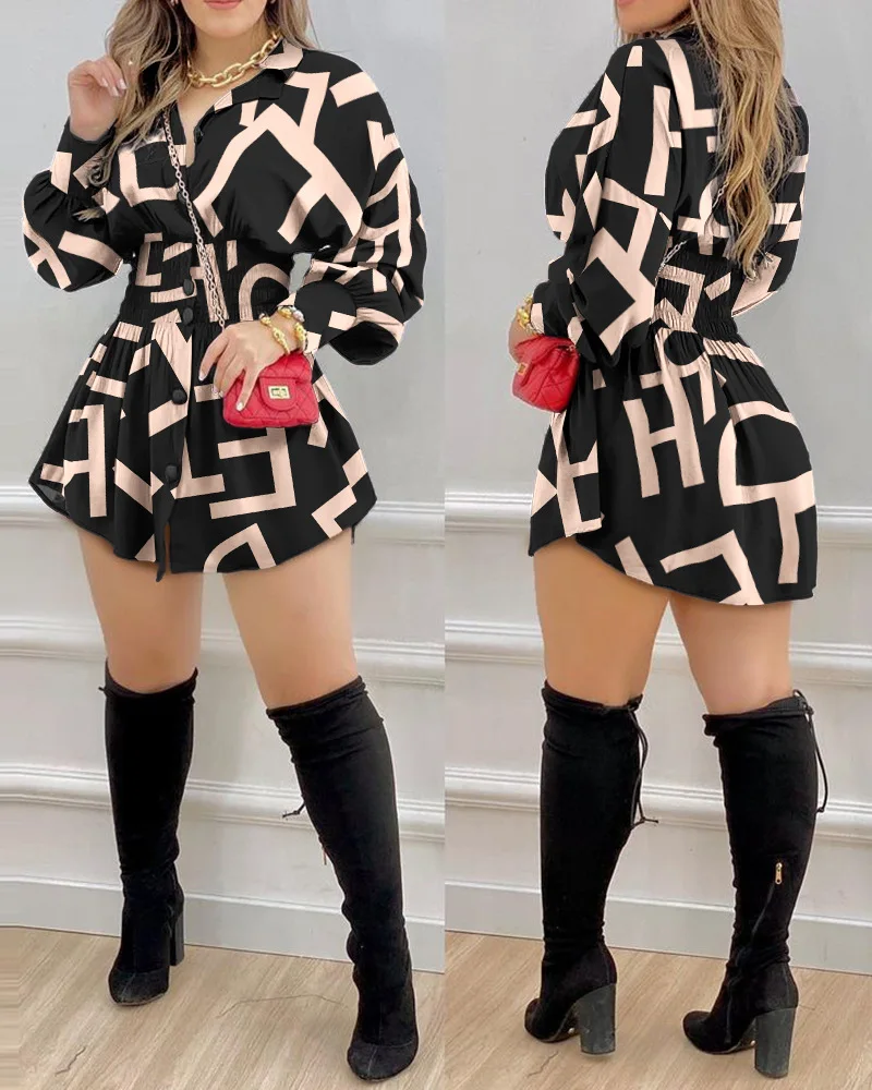 Fashion Women Casual Solid&Letter Waistband Letter Print Shirred Lantern Sleeve Buttoned Shirt Dress Women Clothing