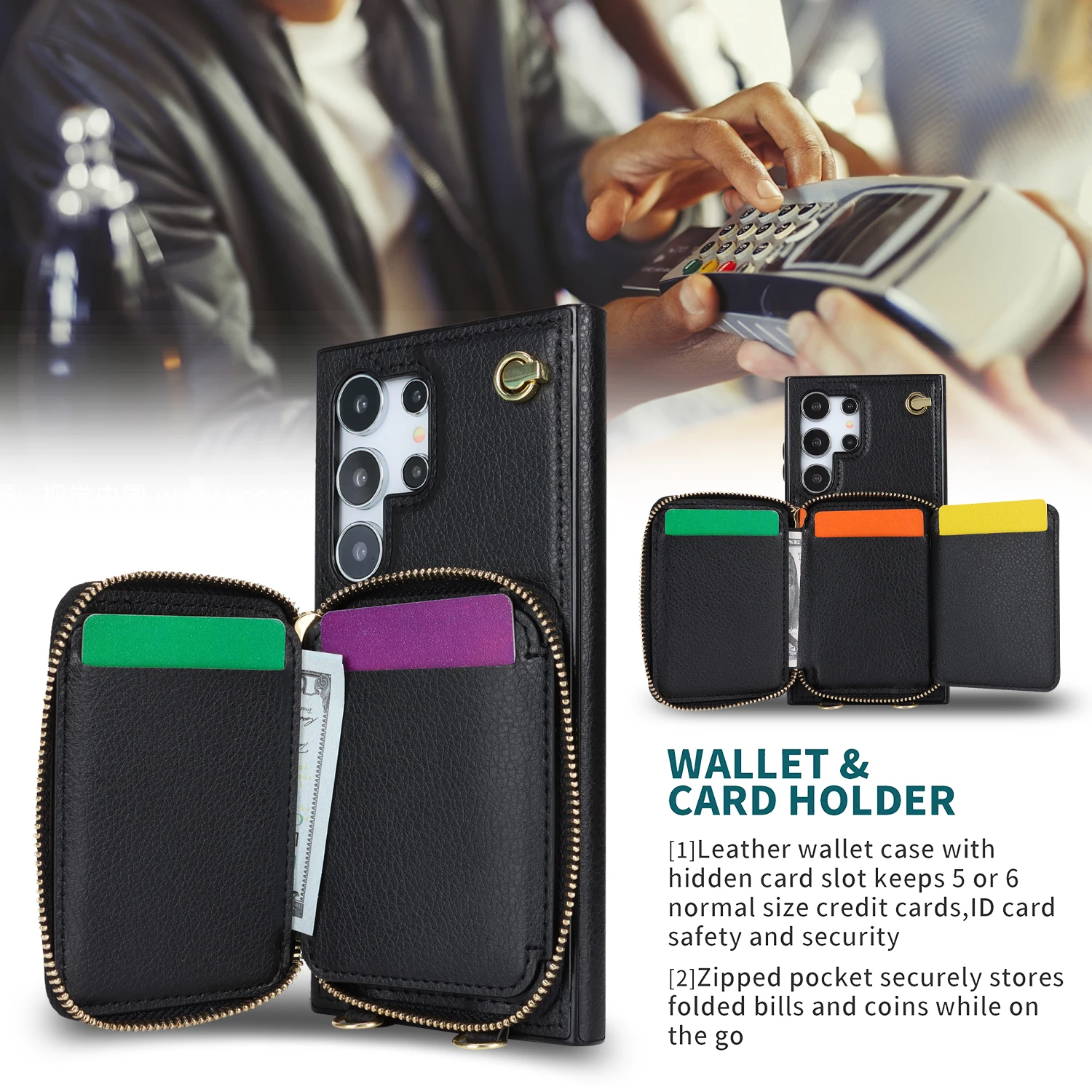 Crossbody Card Holder Wallet Case, Leather Zipper Handbag Purse, Flip Kickstand Folio Cover for Samsung Galaxy S24 Ultra S23 S22