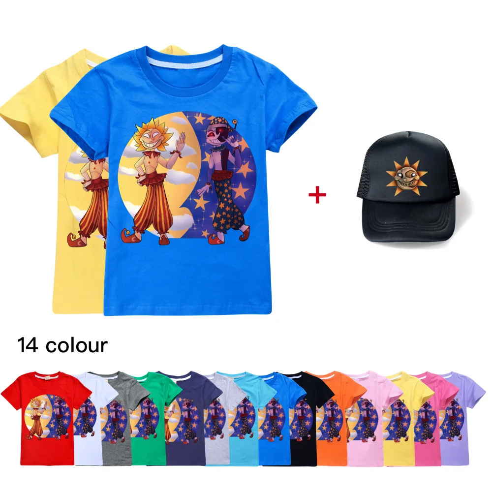 

Summer Kids Clothes Short Sleeve T-shirt Sundrop FNAF Sun clown Children Birthday Clothing Boys Girls Cartoon Cotton T-shirt+cap