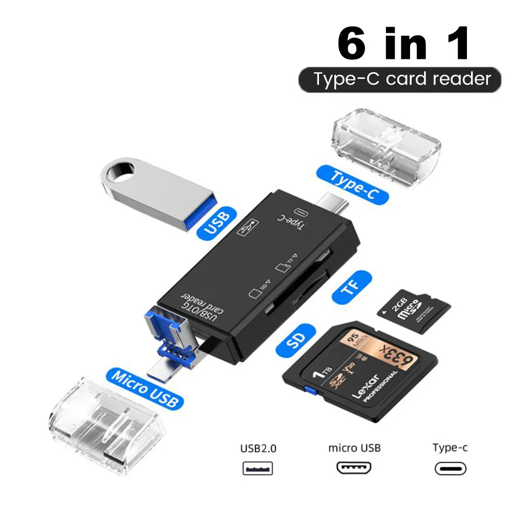 

SD Card Reader USB C Card Reader 6 In 1 USB 2.0 TF/Mirco SD Smart Memory Card Reader Type C OTG Flash Drive Cardreader Adapter