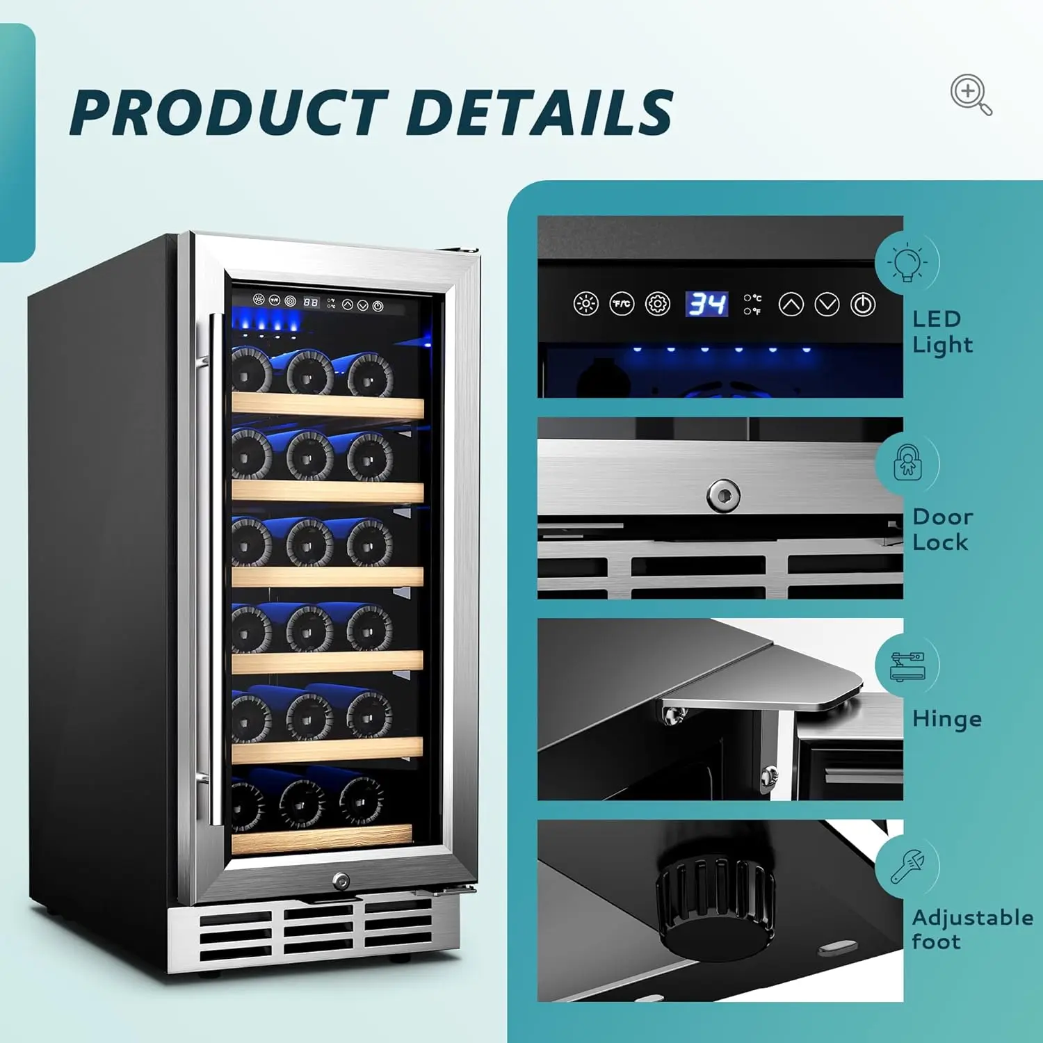 Under-counter Refrigerators, Single Zone Wine Fridge, Wine Refrigerator Digital Temperature Control, Freestanding 5
