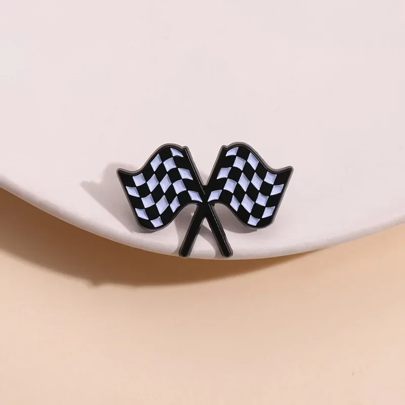 Crossed Checkered Flag Enamel Pin - front view